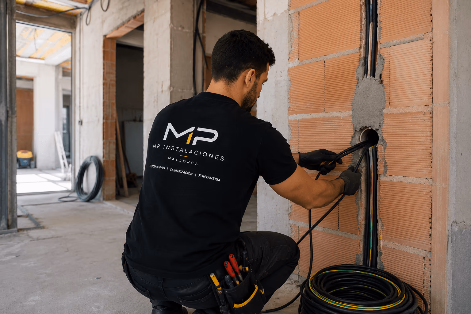 Electricista de MP Instalaciones instalando cableado en vivienda en Mallorca